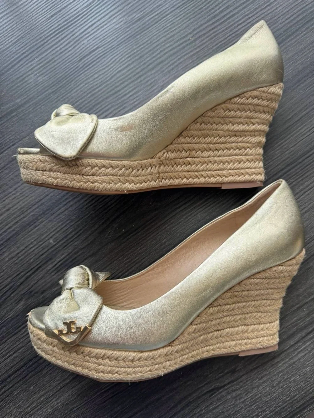 Tory Burch Metallic Gold Espadrille Wedges Size 6